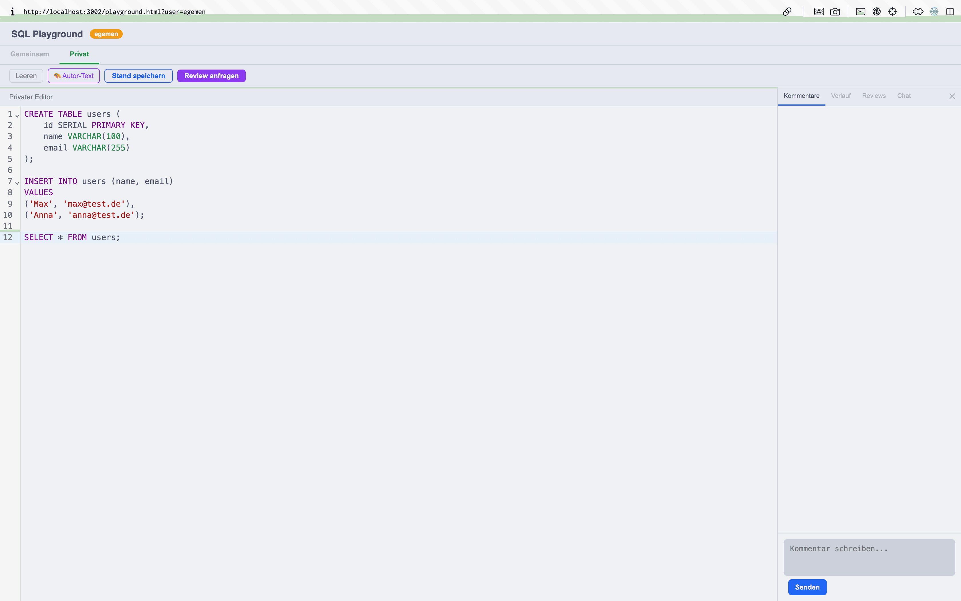 Screenshot der Website „SQL Playground“